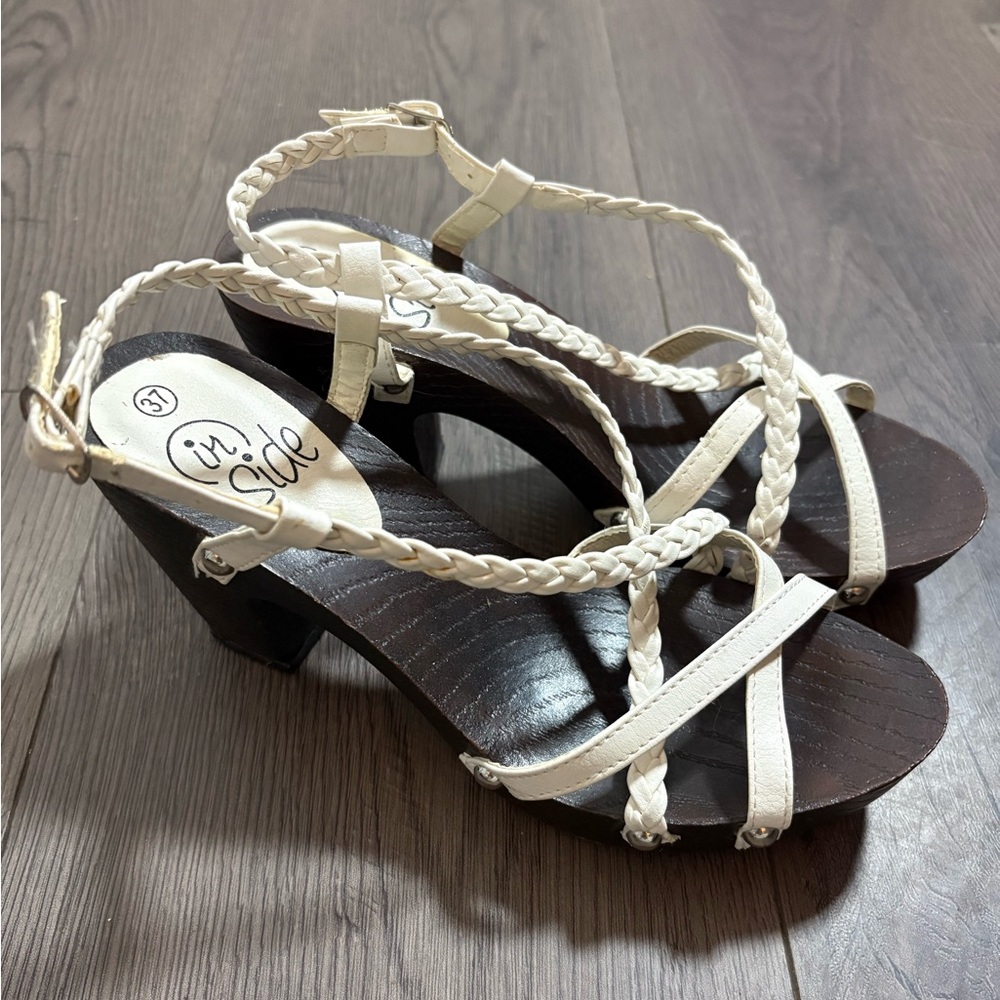 White Braided Strapped Faux‎ Wood Block Heel Studded Sandals Italian Classic